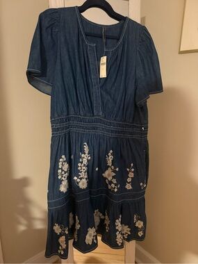 Anthropologie Indigo Blue Embroidered Denim Mini Dress. New with tags.